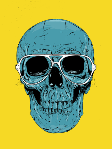 Grafische Illustration eines blauen Schädels mit weißer Brille vor gelbem Hintergrund.