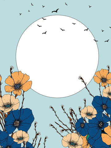 Eine Illustration von blauen und orangefarbenen Mohnblumen unter einem großen weißen Kreis und fliegenden Vögeln.