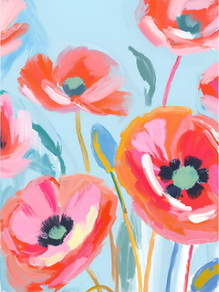 Gemälde von Mohnblumen in Rot- und Orangetönen vor einem hellblauen Hintergrund.