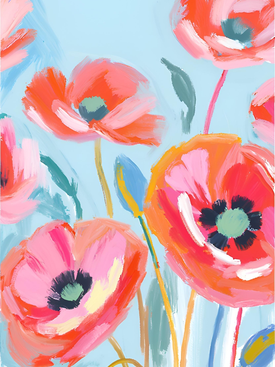 Gemälde von Mohnblumen in Rot- und Orangetönen vor einem hellblauen Hintergrund.