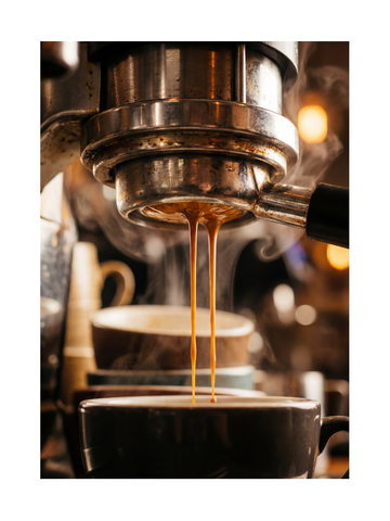 Nahaufnahme einer Siebträgermaschine, die Espresso in eine Tasse brüht.