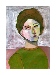 Porträt einer Frau mit roten Lippen und grünem Oberteil vor rosa-grauem Hintergrund.