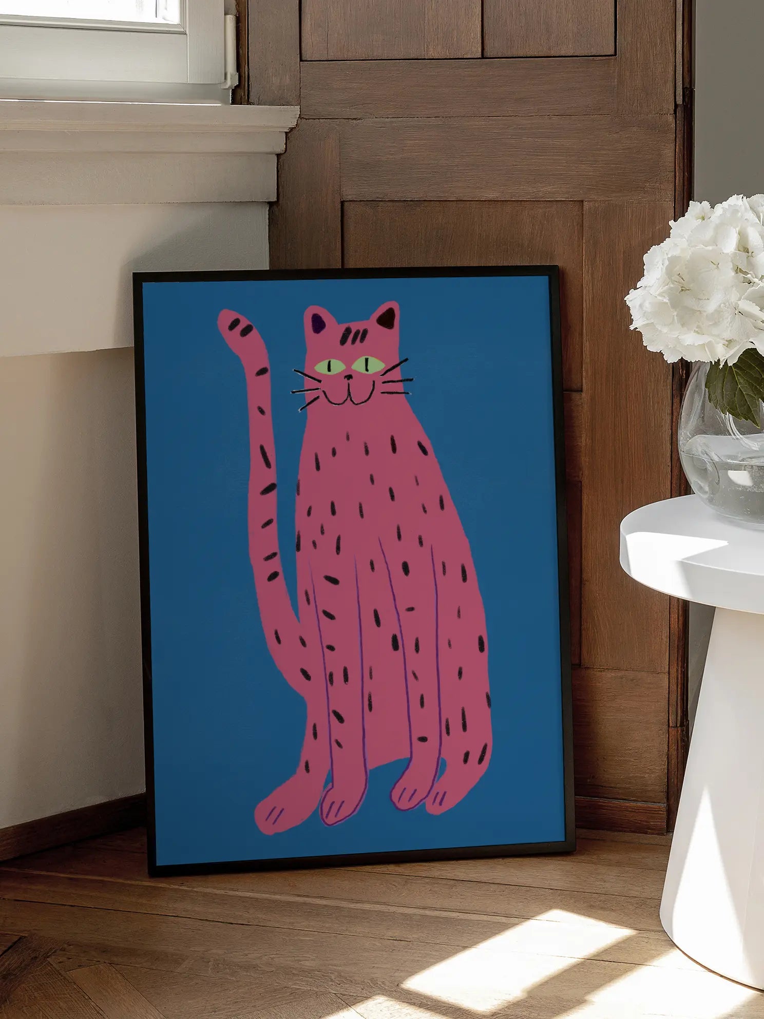 Portrays a Playful Pink cat Poster