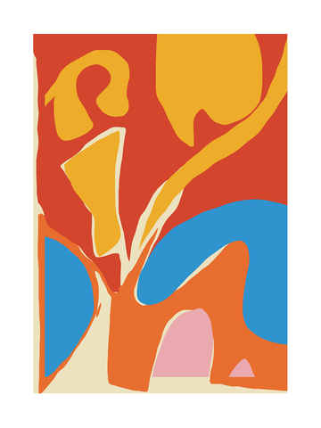 Abstrakte Komposition mit roten, gelben, orangen und blauen Formen.