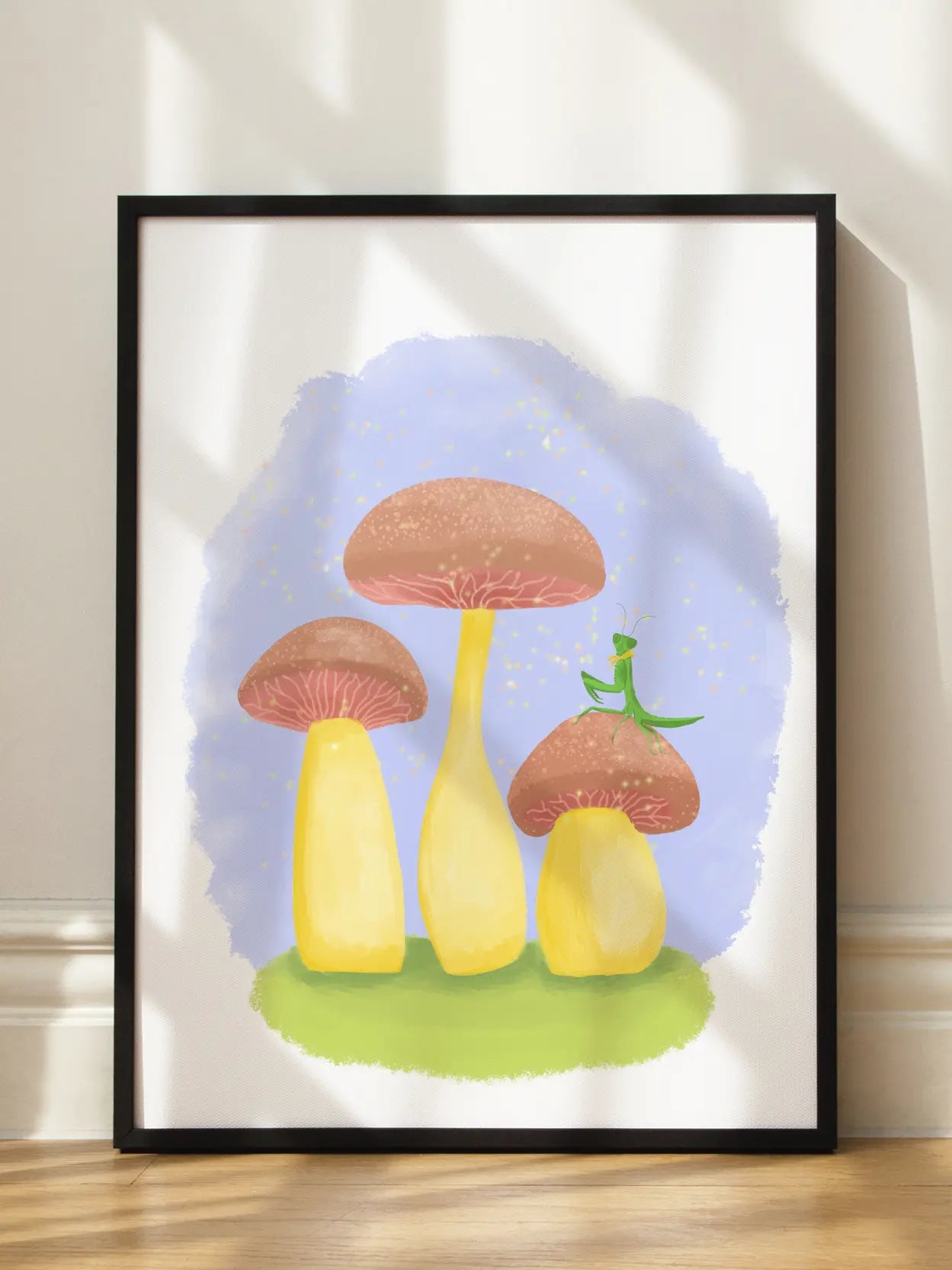 Praying Mantis On Cute Mushrooms Poster