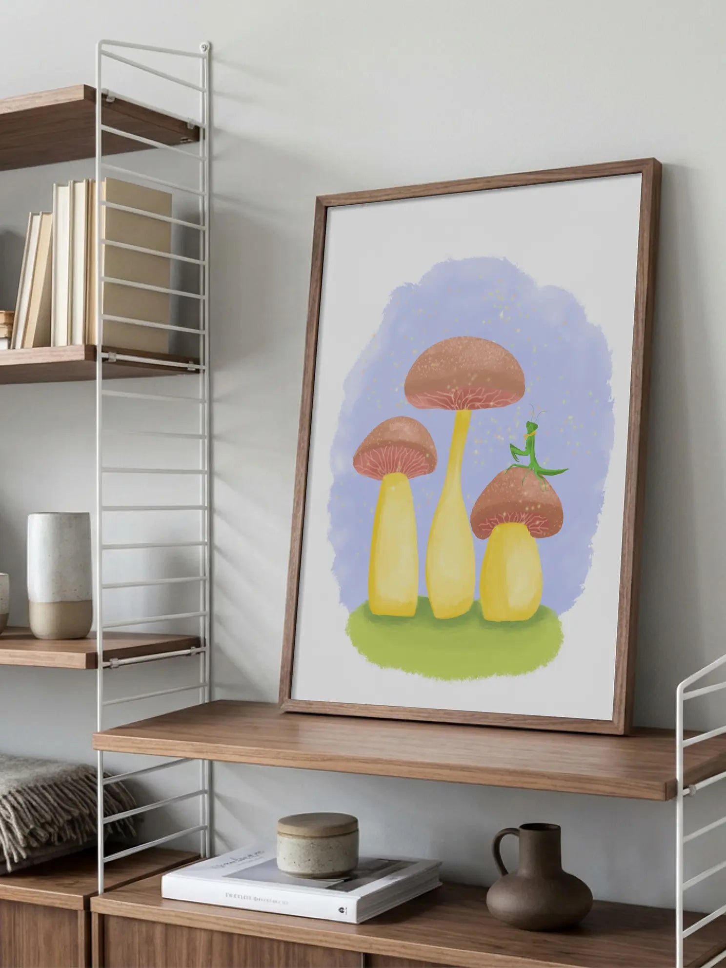 Praying Mantis On Cute Mushrooms Poster