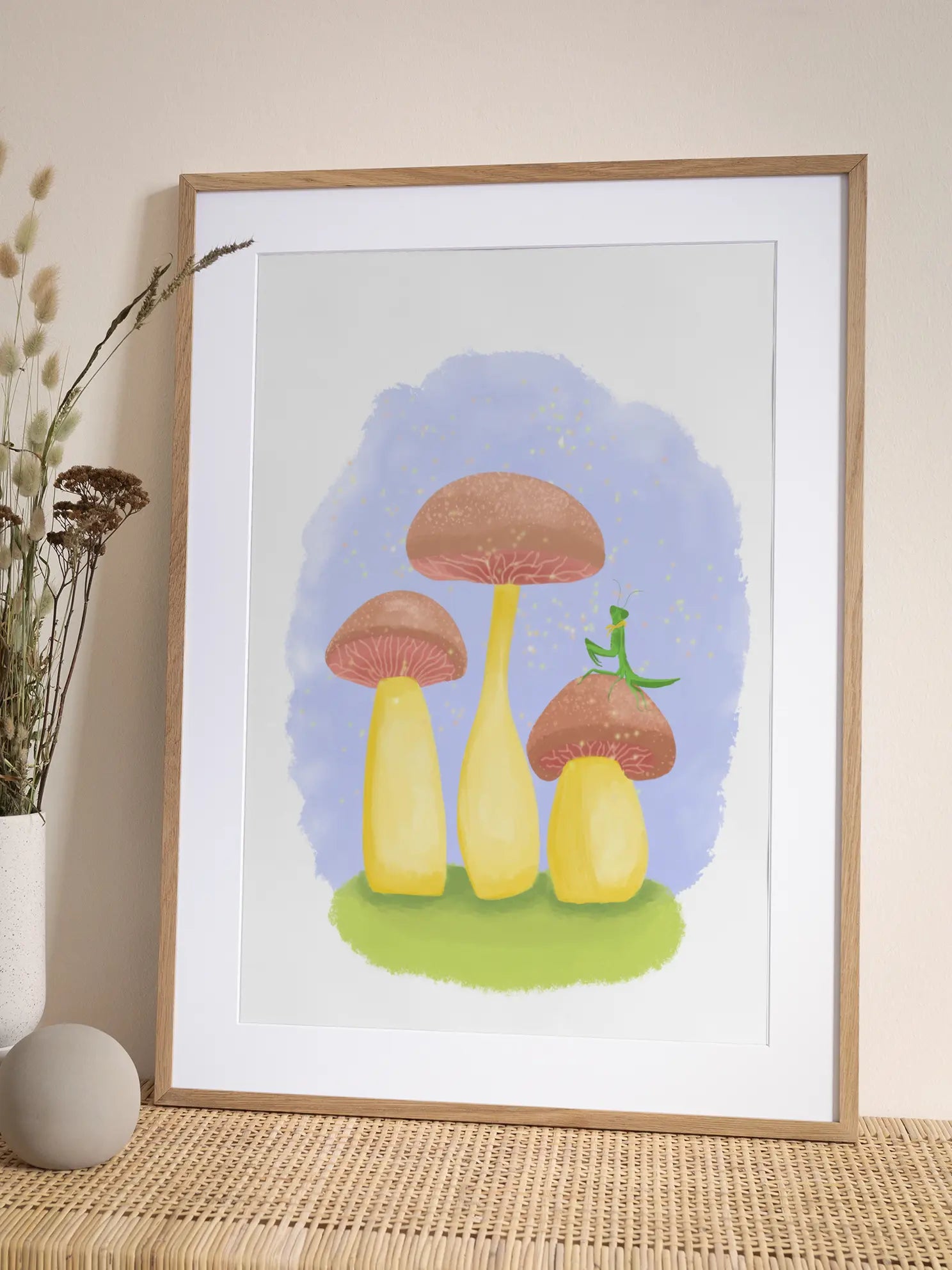 Praying Mantis On Cute Mushrooms Poster