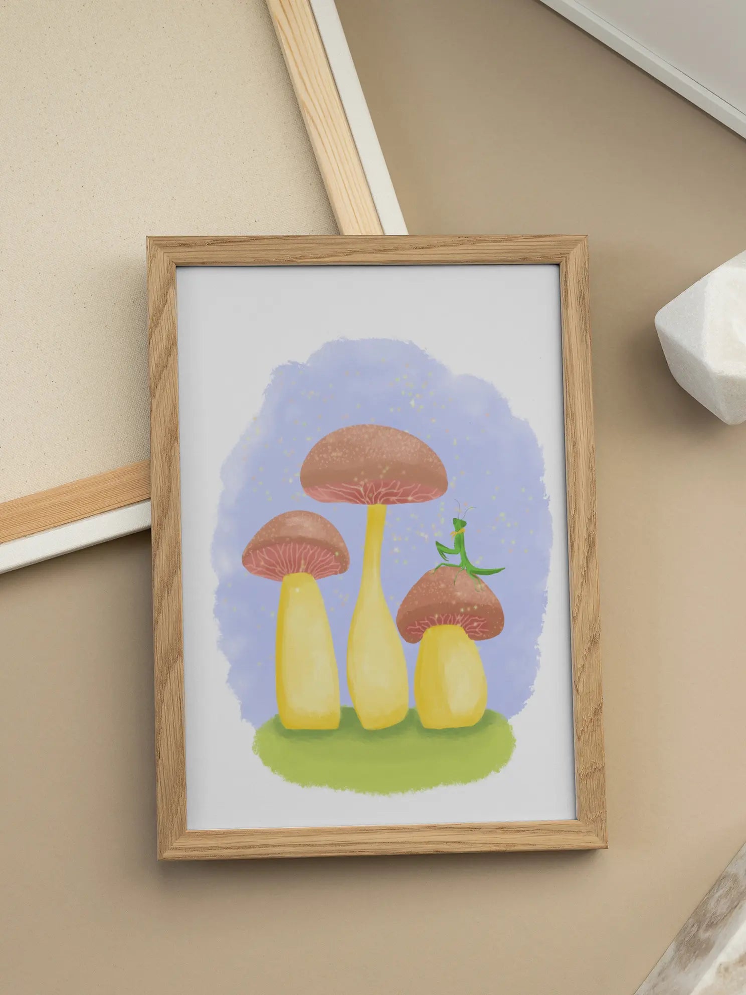 Praying Mantis On Cute Mushrooms Poster