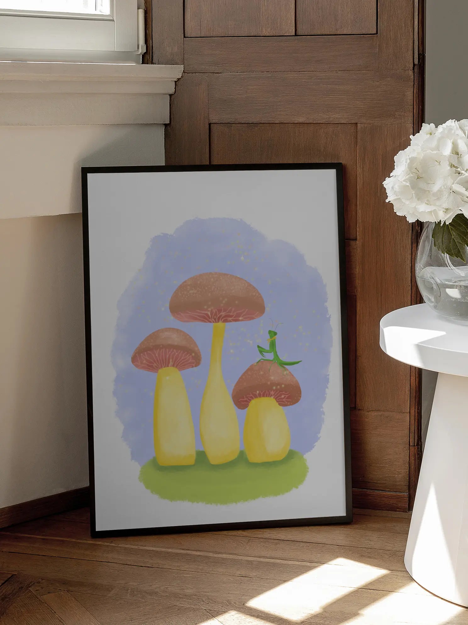 Praying Mantis On Cute Mushrooms Poster