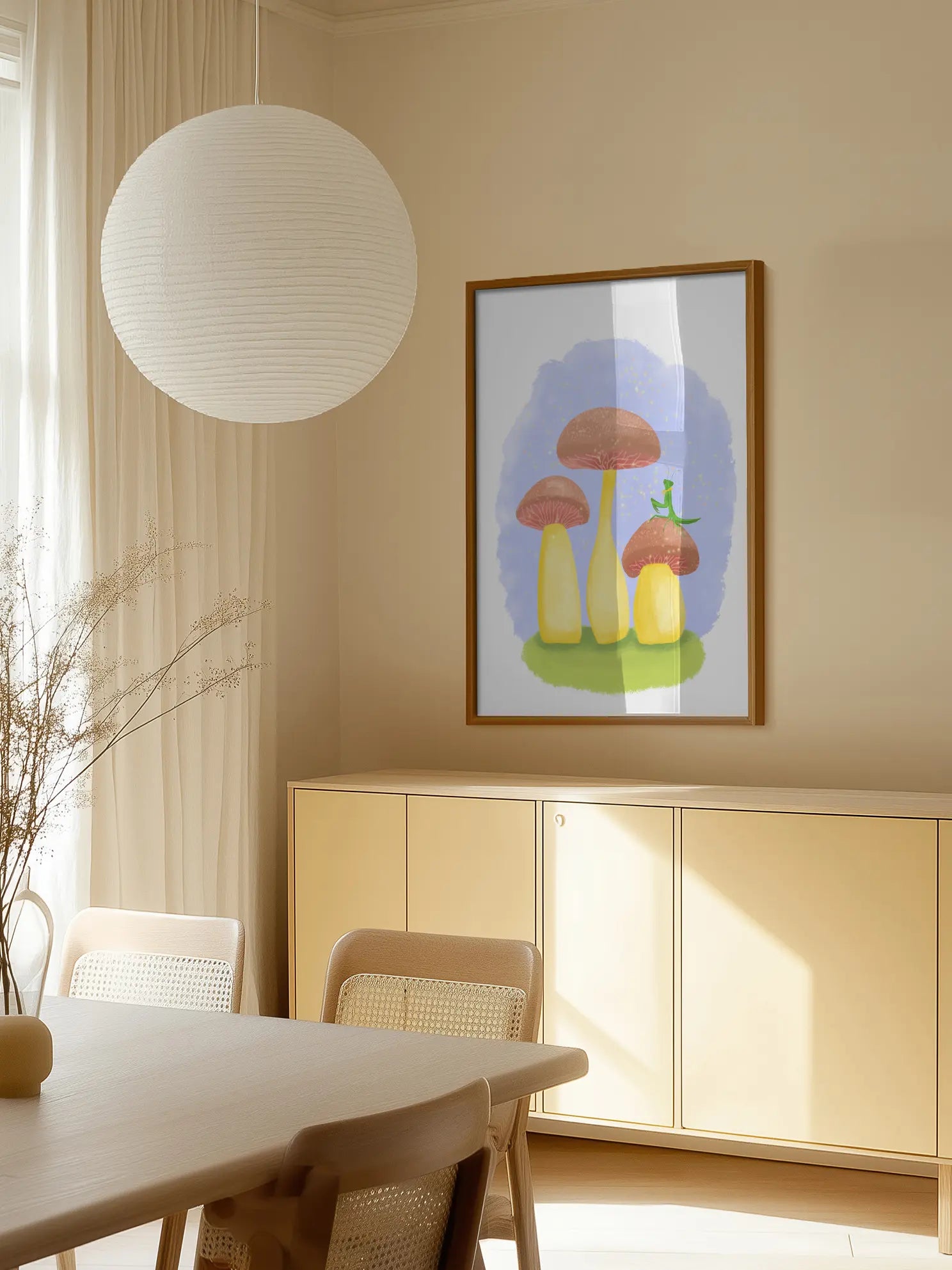 Praying Mantis On Cute Mushrooms Poster