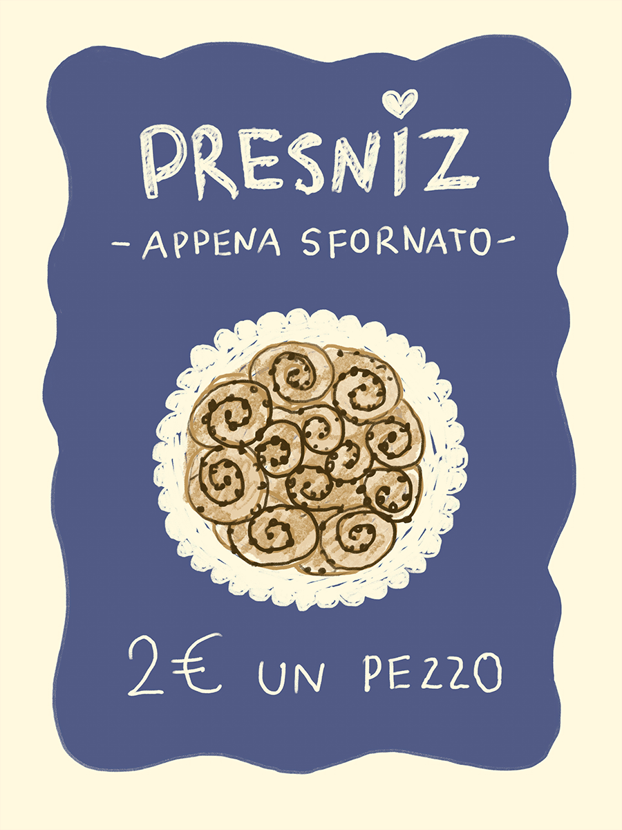 Poster mit einem traditionellen italienischen Kuchen Presniz auf einer weißen Spitzendecke und dunkelblauem Hintergrund.