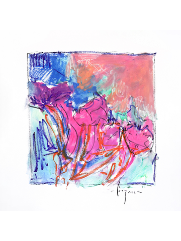 Abstrakte Kunst mit kräftigen Farben in Pink, Blau und Rot, kombiniert mit Pastelltönen.