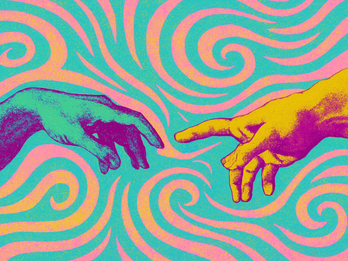 Zwei Hände, die sich fast berühren, vor einem psychedelischen Hintergrund in lebendigen Farben.