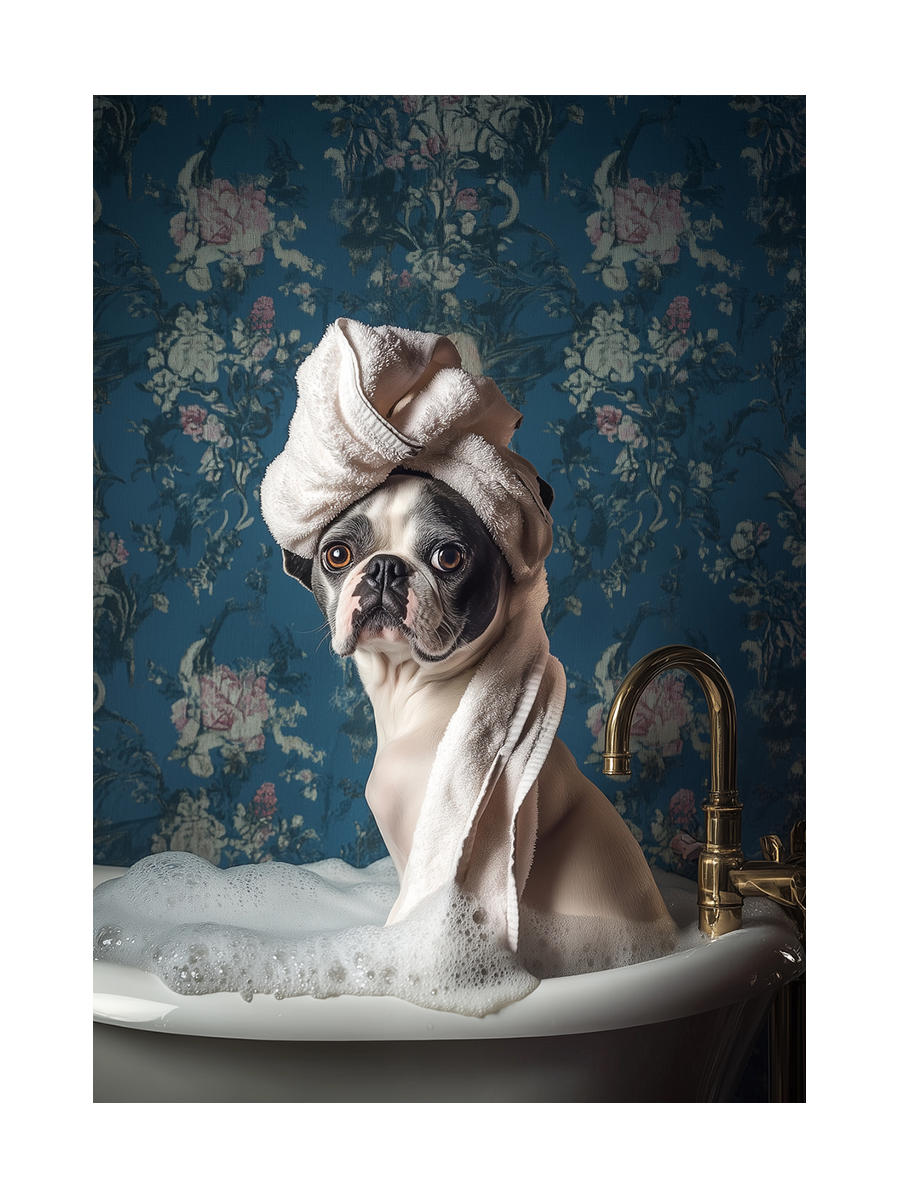 Ein Mops in einer Badewanne mit einem Handtuch auf dem Kopf vor einem blauen Hintergrund mit Blumenmuster.