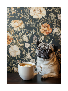Ein Mops neben einer Tasse Kaffee vor einem dunkelblauen Hintergrund mit Blumenmuster.