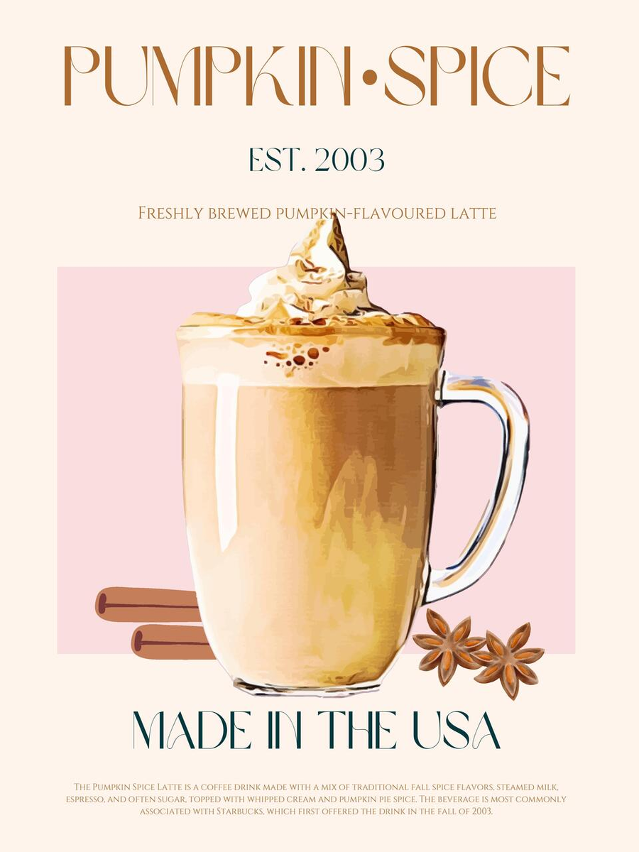 Illustration eines Pumpkin Spice Latte mit Zimt und Sternanis auf rosa Hintergrund.