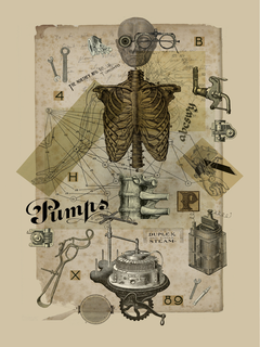 Poster mit einem menschlichen Skelett, mechanischen Teilen und dem Begriff "Pumps".
