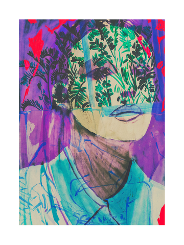 Illustration einer Person in einem blauen Hemd mit grünen und roten Blättern vor einem lila Hintergrund.