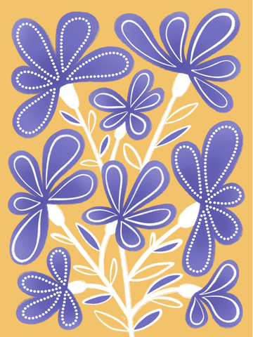 Illustration von lila Blumen auf gelbem Hintergrund.