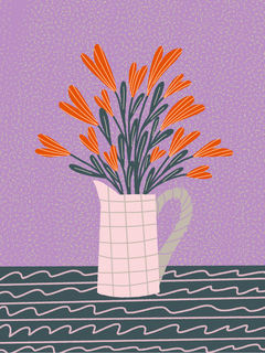 Illustration einer weißen Kanne mit orangefarbenen Blumen auf einem gestreiften Tisch vor lila Hintergrund.