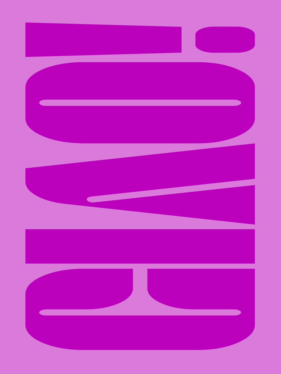 Typografieposter mit dem Wort Lila, vertikal in fetten geometrischen Buchstaben auf hellviolettem Hintergrund.