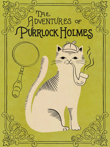 Illustration einer Katze mit Detektivmütze und Pfeife vor grünem Hintergrund.