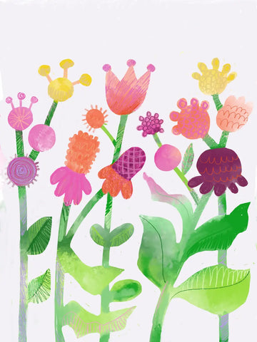 Eine abstrakte, kindliche Illustration von fantasievollen bunten Blumen mit vielen Mustern.