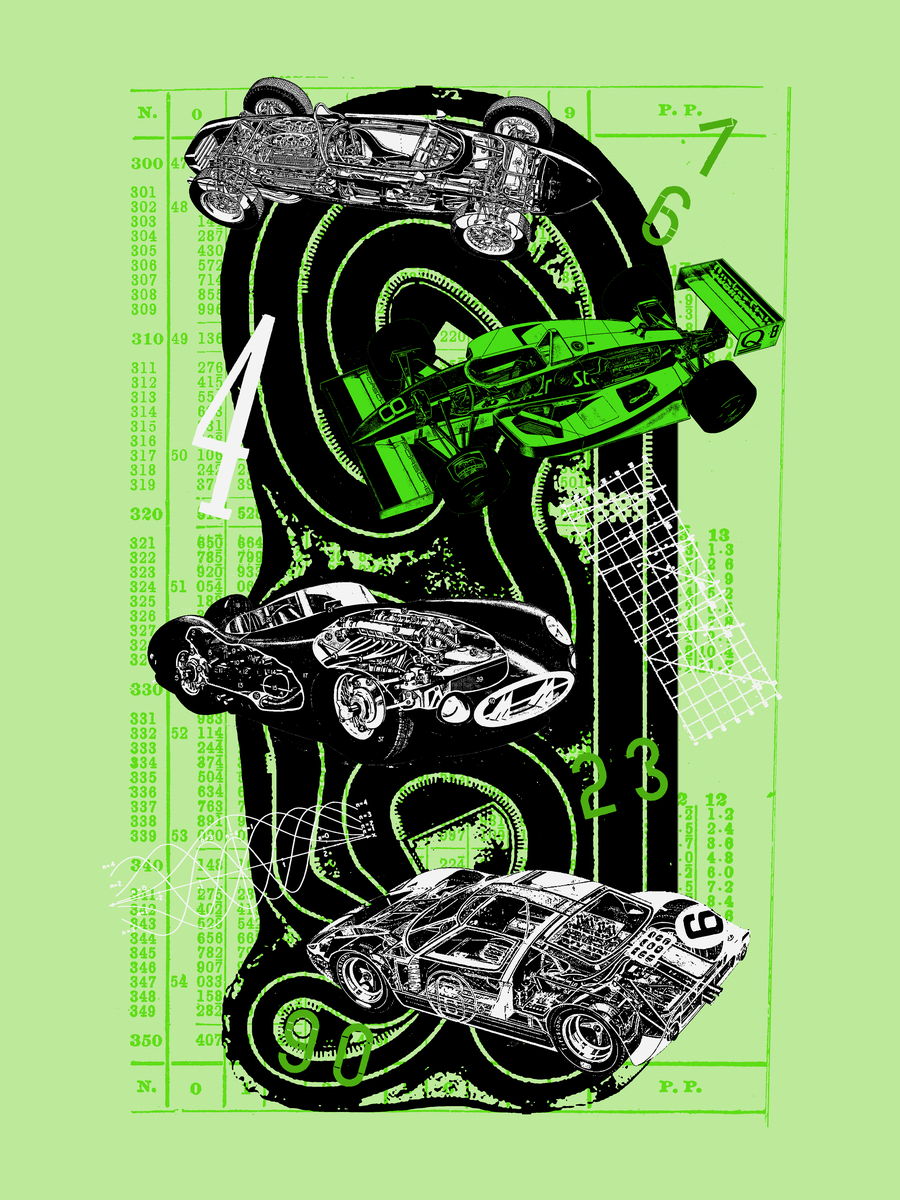 Abstraktes Poster mit Rennwagen und Zahlen auf grünem Hintergrund.