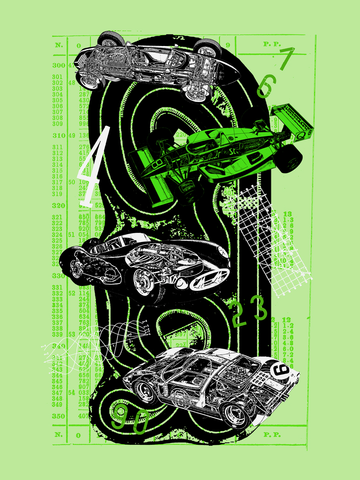 Abstraktes Poster mit Rennwagen und Zahlen auf grünem Hintergrund.