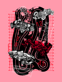 Poster von Autos auf einer Rennstrecke mit rosa Hintergrund.