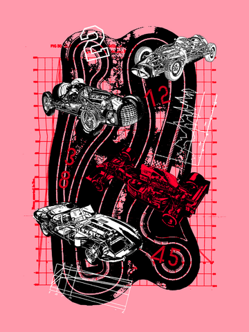 Poster von Autos auf einer Rennstrecke mit rosa Hintergrund.