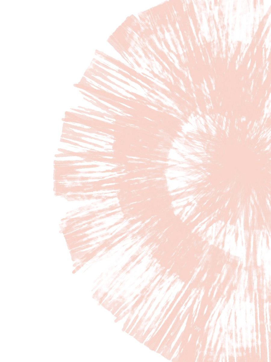 Abstraktes Poster mit rundem, blumenähnlichem Muster in Rosa auf weißem Hintergrund.