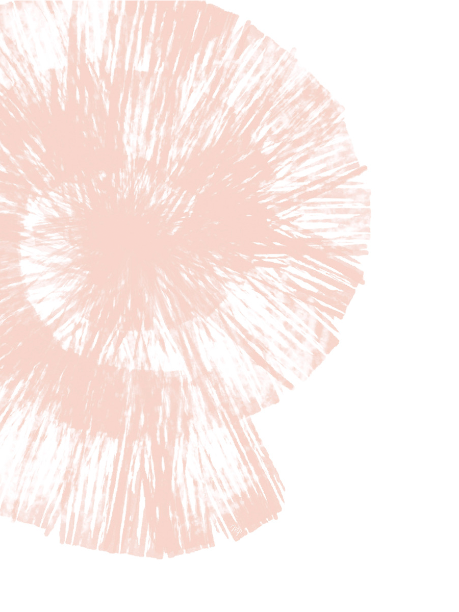 Abstrakte Kunst mit einem ungleichmäßigen rosa Kreis auf weißem Hintergrund.