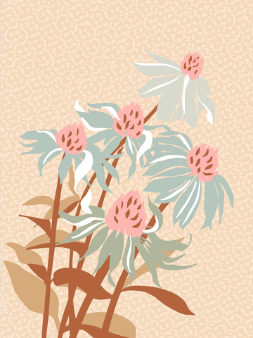 Illustration von lila Blumen mit grünen Blättern und braunen Stielen vor einem hellbeigen Hintergrund.