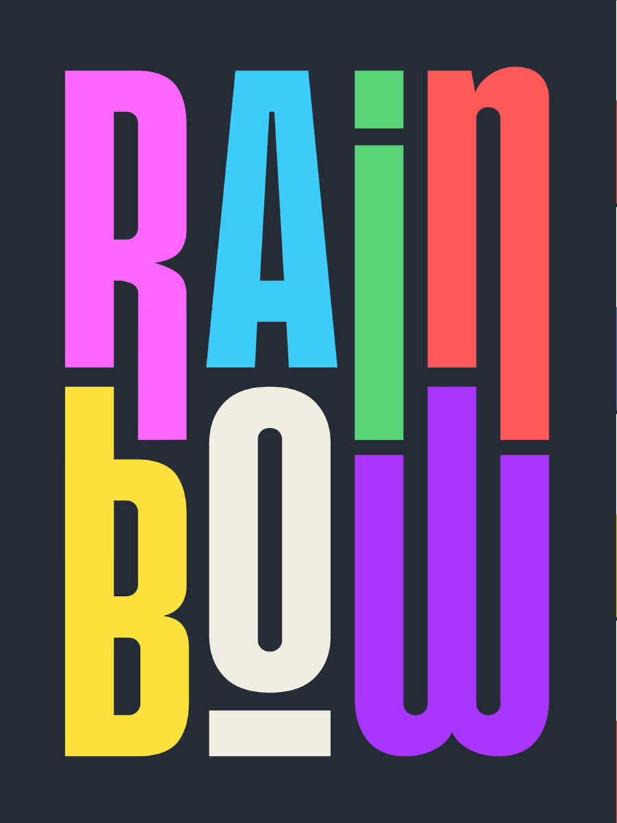 Poster mit dem Wort "Rainbow" in Regenbogenfarben auf schwarzem Hintergrund.