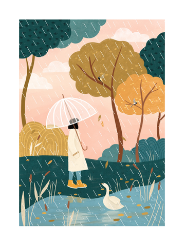 Illustration einer Person mit transparentem Regenschirm an einem See mit Schwan und Wald im Hintergrund.