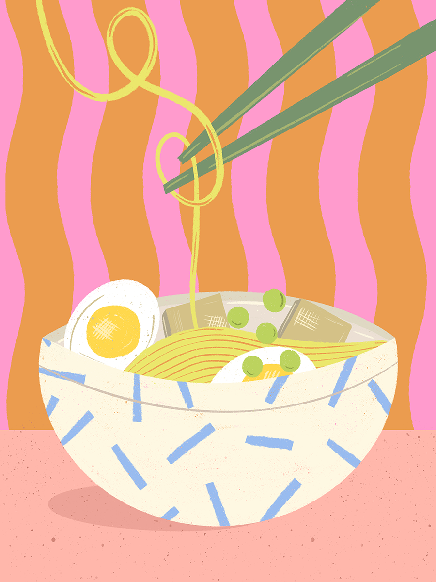 Illustration einer Ramen-Schüssel mit Ei, Gemüse und Stäbchen vor buntem Hintergrund.