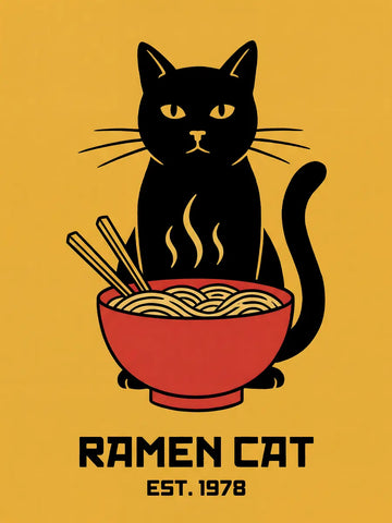 Schwarze Katze vor einer Schüssel Ramen mit gelbem Hintergrund und dem Text "Ramen Cat Est. 1978".
