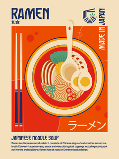 Illustration einer Schüssel Ramen in Rot und Beige mit Text.