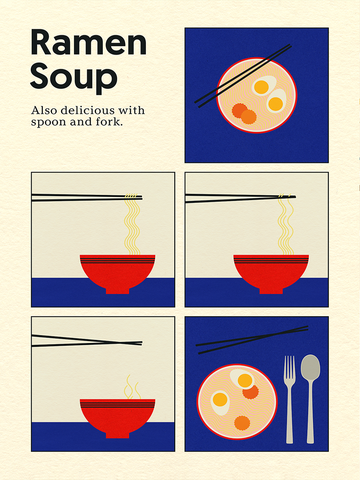 Poster mit stilisierten Illustrationen von Ramen in einer Schüssel und Essstäbchen.