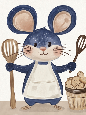 Illustration einer blauen Maus mit Schürze und Schneebesen neben einem Korb mit Keksen.