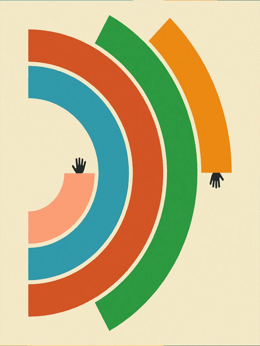 Grafisches Poster mit einem Regenbogen in Orange, Grün, Blau, Rot und Rosa auf beigem Hintergrund, mit zwei Händen in Schwarz und Rosa.