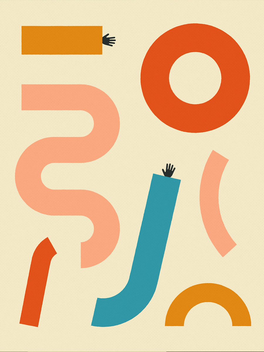 Abstraktes Poster mit bunten, ausgestreckten Armen auf beigefarbenem Hintergrund.