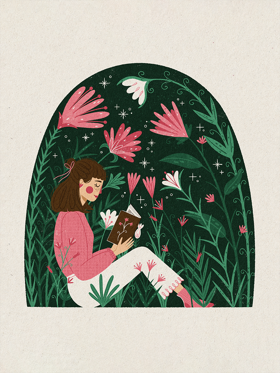 Illustration einer Frau, die ein Buch liest, umgeben von Blumen in einem Garten.