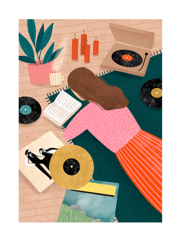 Illustration einer Frau, die ein Buch liest, umgeben von Schallplatten und einem Plattenspieler.