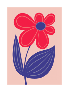 Poster mit einer roten Blume und blauen Blättern auf hellrosa Hintergrund.