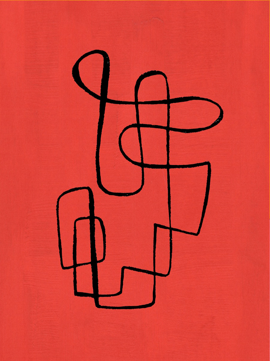 Rote abstrakte Kunst mit schwarzem Linienmuster.