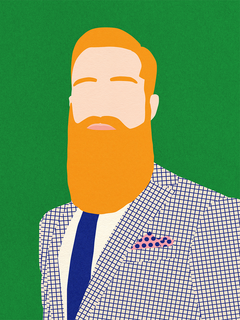 Illustration eines Mannes mit rotem Bart in kariertem Anzug auf grünem Hintergrund.