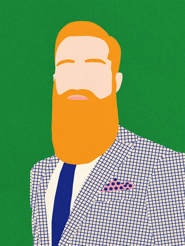 Illustration eines Mannes mit rotem Bart in kariertem Anzug auf grünem Hintergrund.