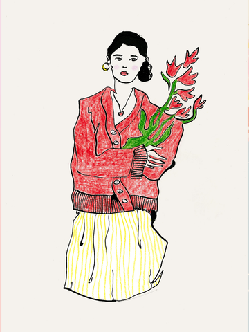 Illustration einer Frau in einem roten Blazer mit roten Blumen vor einem hellbeigen Hintergrund.